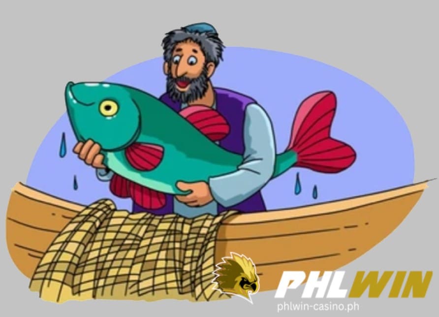 Isang balbaserong lalaki na manginngisda na tuwang tuwang naka huli ng napakalaking isda sa paglalaro niya ng Fishing Game ngunit siya ay totoong may hawak ng isda at hindi lang siya demo mode.